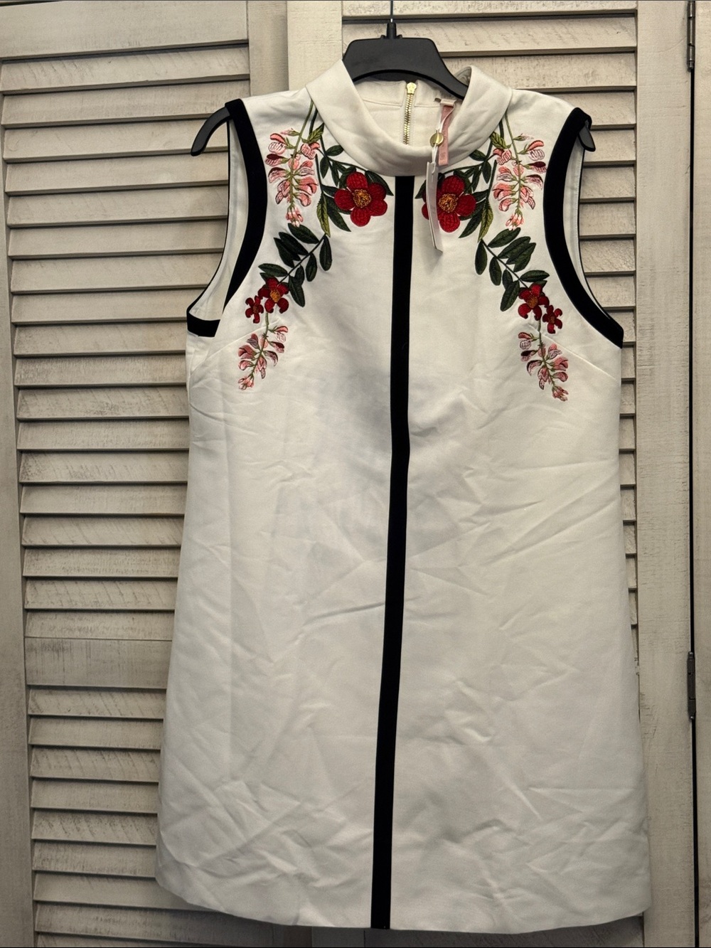 Ted Baker London White Sleeveless Shift Dress with Black Trim
